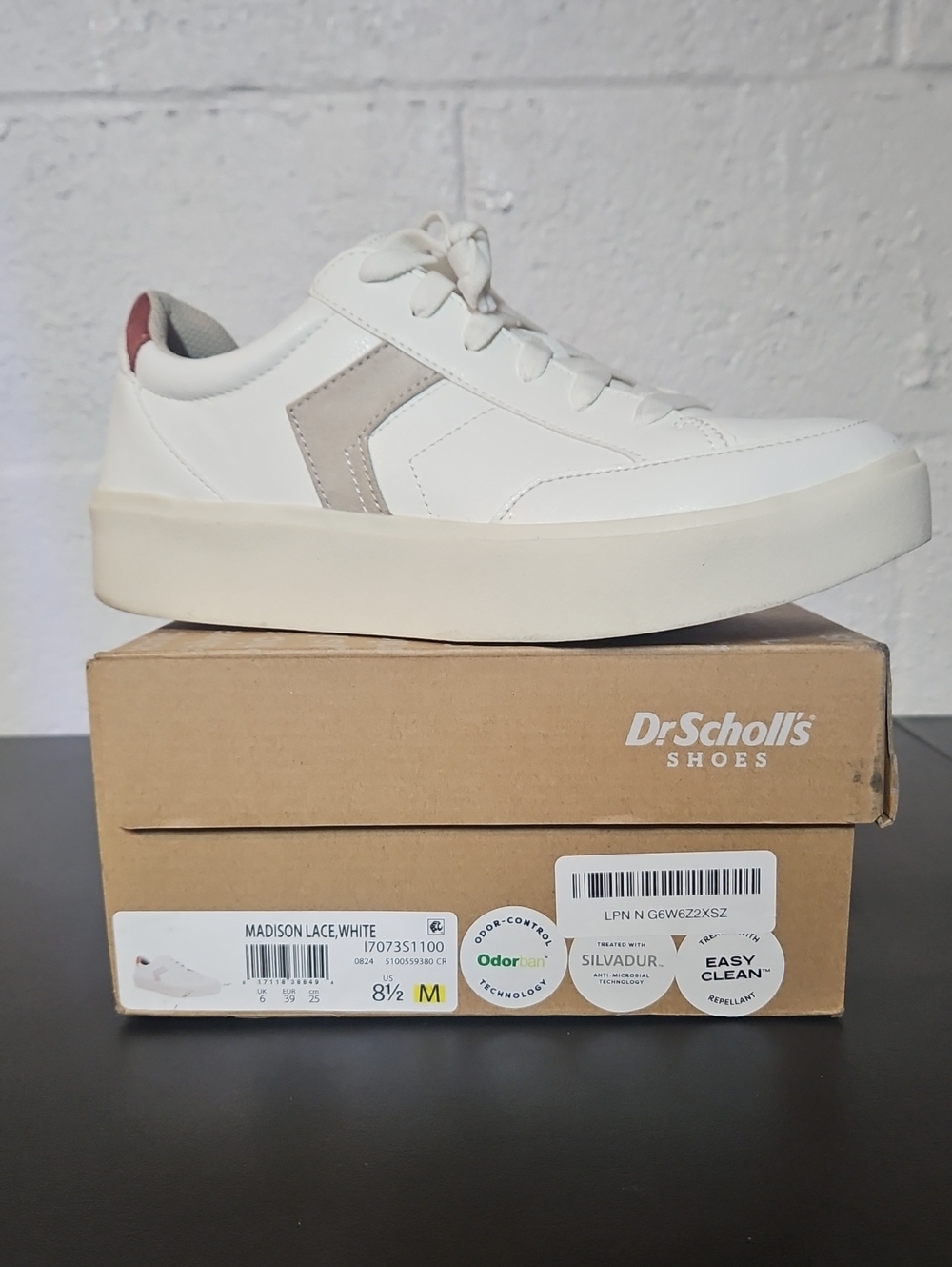Dr. Scholl's White Sneakers with Taupe Side Accent and Red Heel Tab
